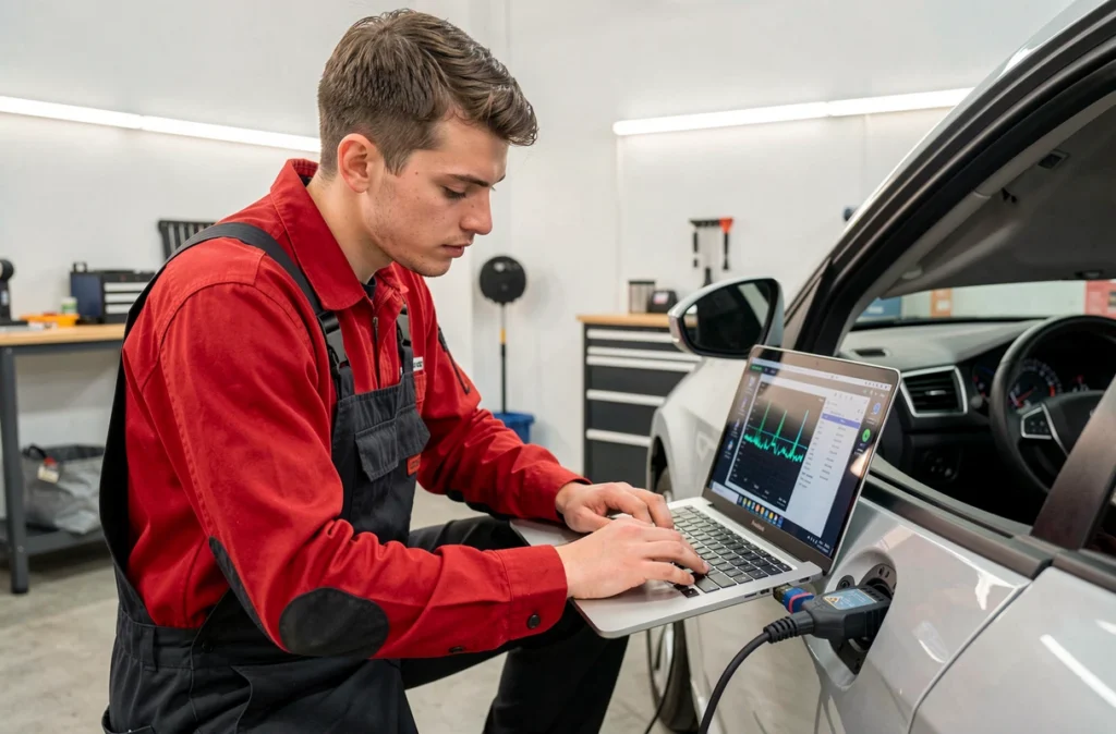 Mécanicien de Mecabul utilisant un scanner OBD pour diagnostiquer électroniquement un véhicule