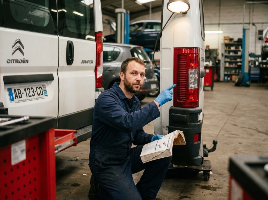 Mécanicien identifiant le feu arrière d'un Citroën Jumper blanc dans un garage automobile professionnel