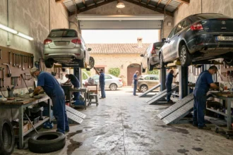 Vue d'ensemble d'un atelier de mécanique automobile dans le Gard avec plusieurs mécaniciens au travail