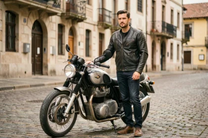 Motard debout à côté de sa moto dans une rue pavée de Bayonne avec architecture basque en arrière-plan