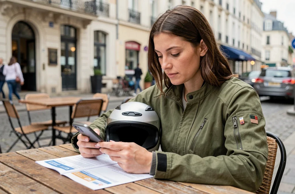 Motarde consultant une offre d'assurance moto sur smartphone en terrasse à Bayonne