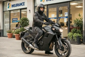 Motard assis sur une moto électrique moderne devant une agence d'assurance en milieu urbain