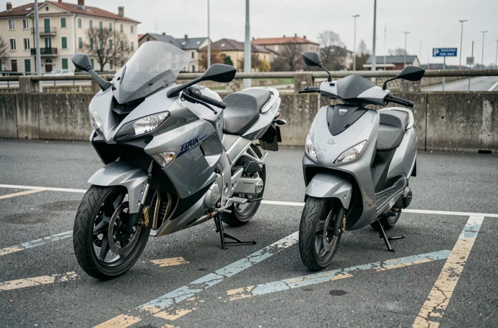 Deux motos garées dans un parking public du centre-ville de Bayonne, scooter et moto de tourisme