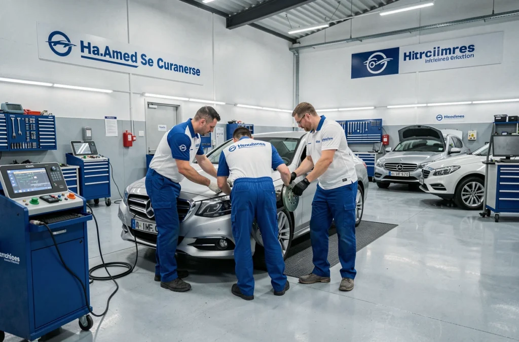Techniciens de Normauto Auto Pro à Nîmes effectuant un alignement des roues avec équipement informatisé