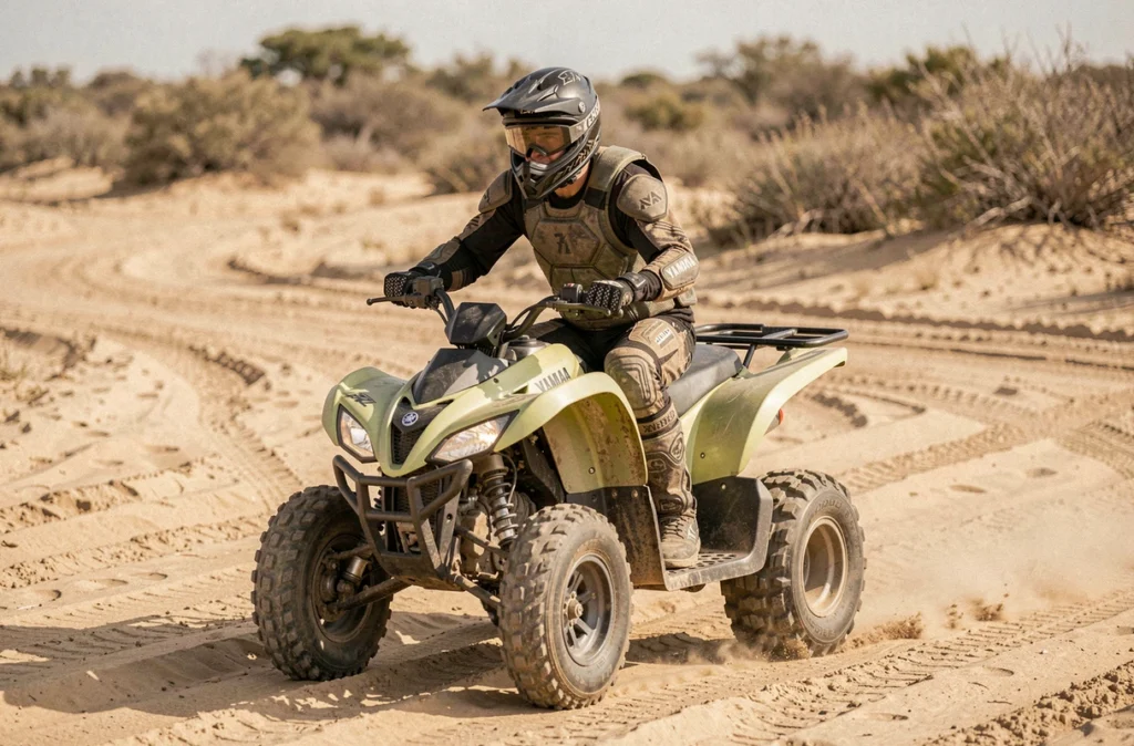 Pilote équipé sur un quad Raptor 350 prêt à partir sur une piste sablonneuse
