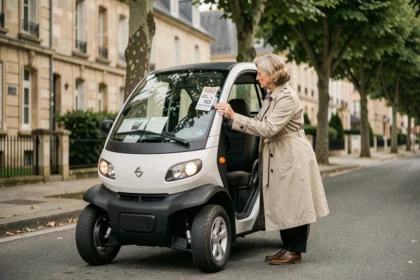 Femme examinant le prix d'une voiture sans permis garée dans une rue résidentielle française