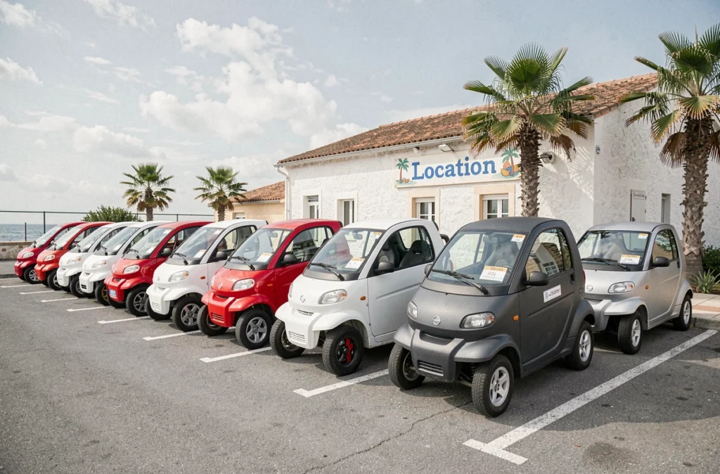 Rangée de voitures sans permis colorées garées dans une agence de location côtière française