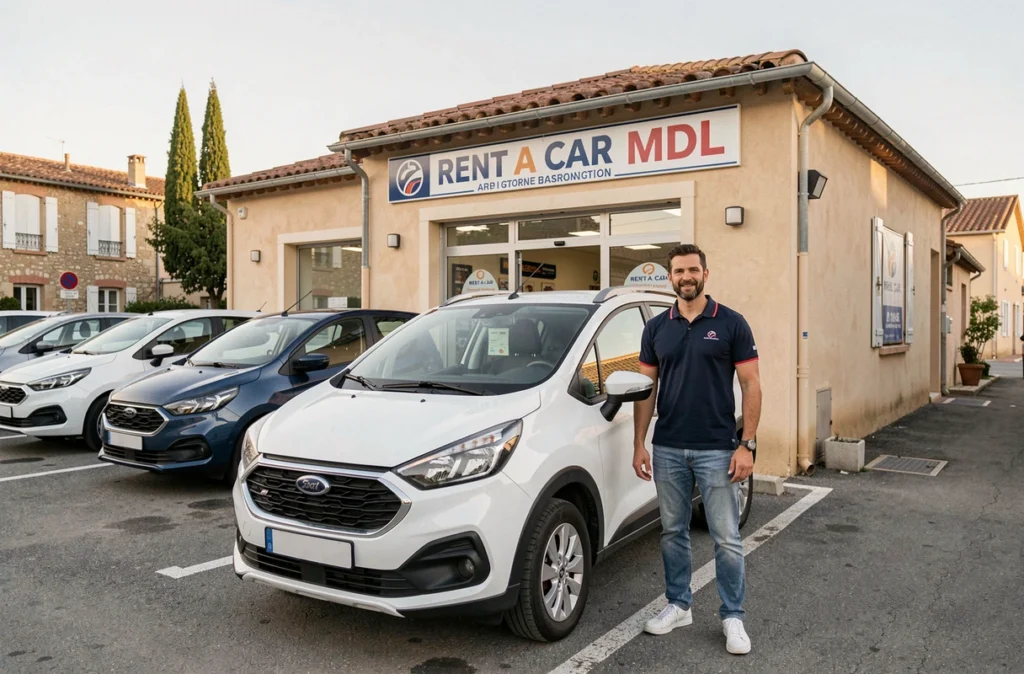 Agence Rent A Car MDL dans le Gard avec un agent devant des véhicules de location disponibles