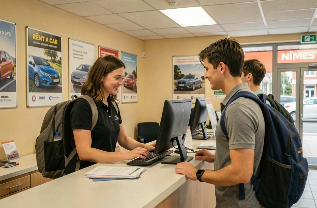 Comptoir Rent A Car à la gare de Nîmes avec une agente aidant un couple de voyageurs