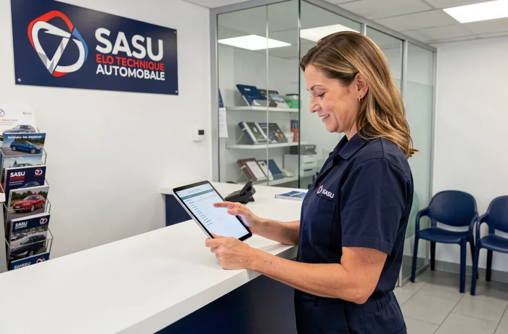 Technicienne de SASU ELO Technique Automobile vérifiant un rapport d'inspection sur tablette à l'accueil