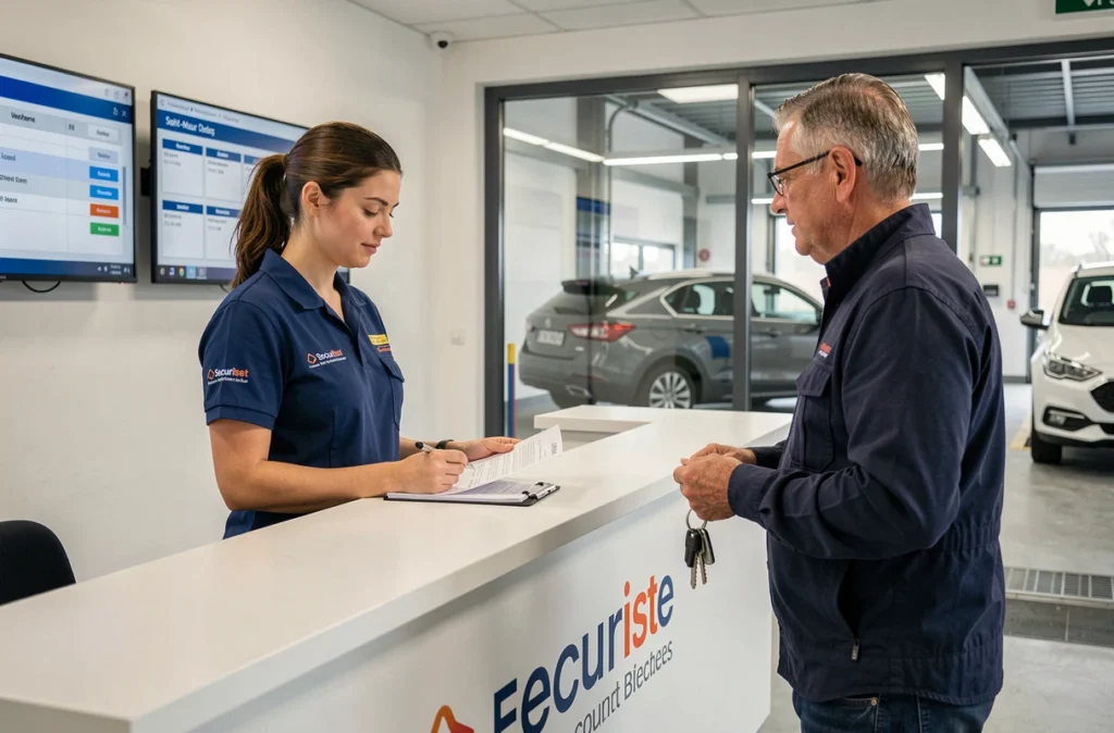 Technicienne Sécuritest accueillant un client à l'accueil du centre de contrôle technique à Saint-Maur dans l'Oise