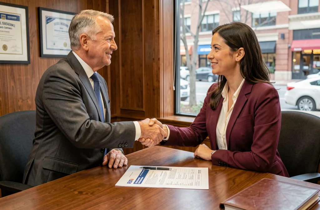 Signature d'un contrat d'assurance flotte automobile entre un chef d'entreprise et un courtier dans un bureau formel
