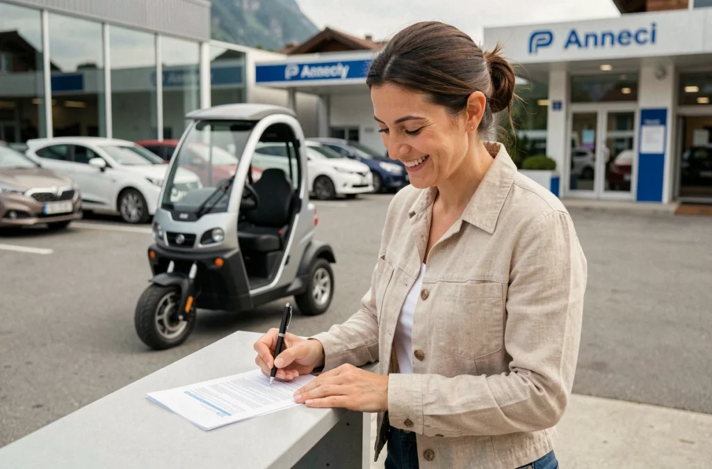 Femme signant un contrat de location de voiture sans permis dans une agence à Annecy