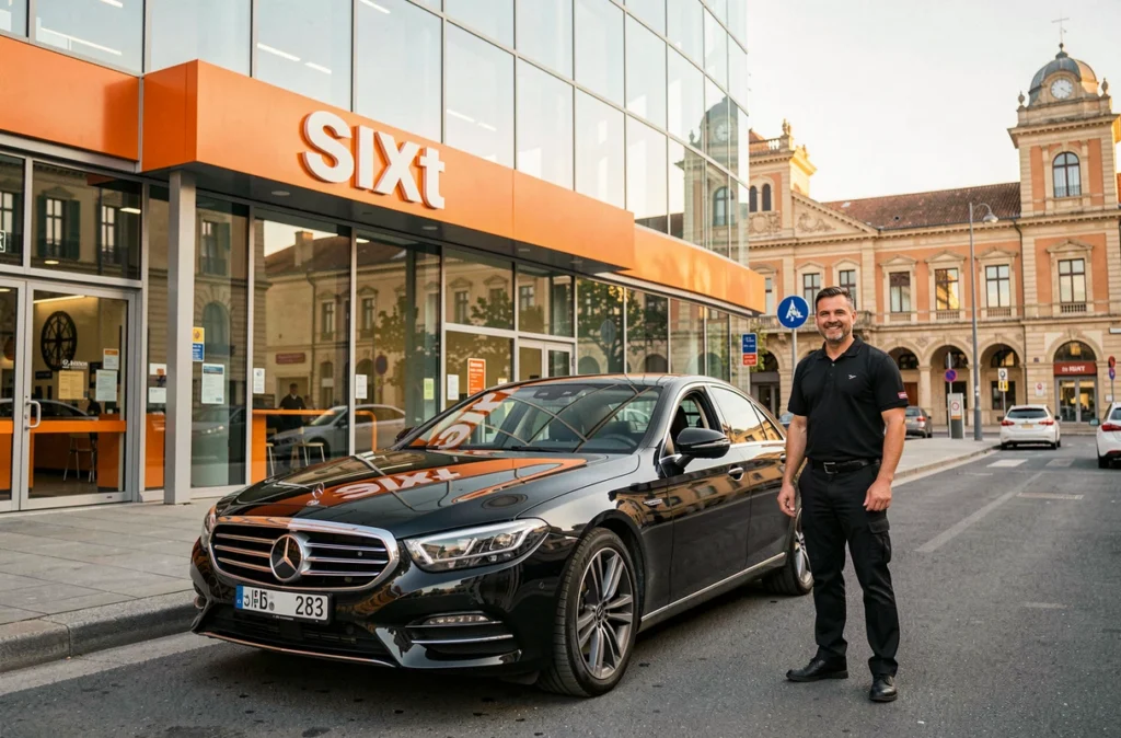Agence SIXT près de la gare de Nîmes avec une voiture de location haut de gamme et un agent en uniforme noir