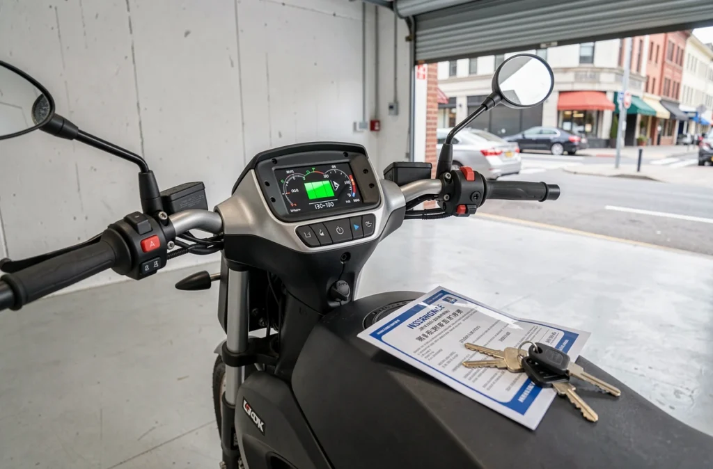 Tableau de bord de moto électrique avec certificat d'assurance et clés posés sur la selle dans un garage moderne