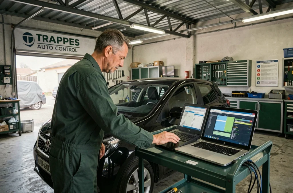 Technicien de Trappes Auto Control effectuant un diagnostic OBD sur une voiture noire en atelier