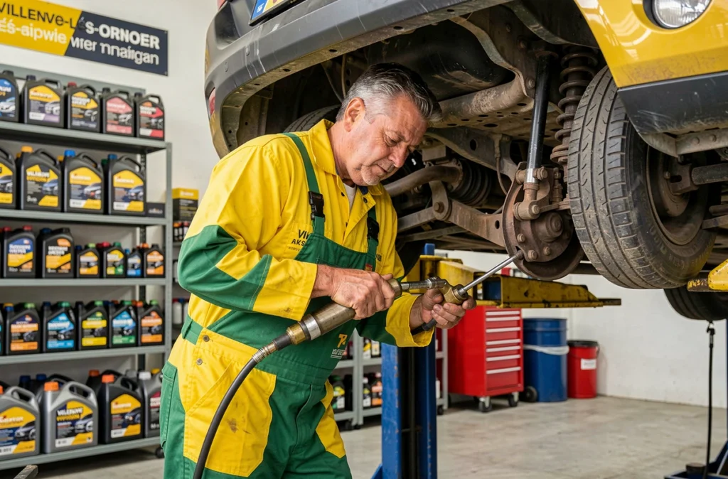 Mécanicien de Vert et Jaune Automobiles à Villeneuve-lès-Avignon effectuant une vidange sur une citadine