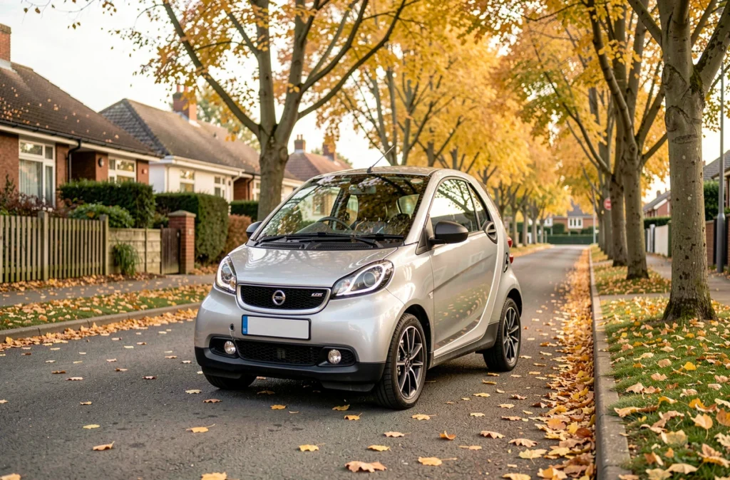 Voiture sans permis électrique compacte garée dans une rue résidentielle aux feuilles d'automne