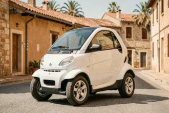 Voiture sans permis blanche d'occasion garée dans une rue ensoleillée du département 66, avec architecture méditerranéenne en arrière-plan