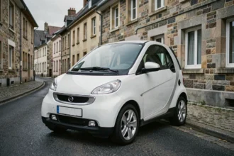 Voiture sans permis blanche garée dans une rue pavée d'Épinal avec immeubles vosgiens en arrière-plan