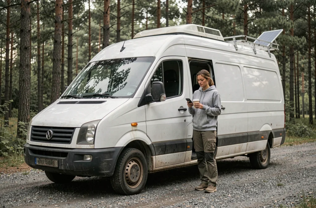 Femme nomade devant son fourgon aménagé d'occasion garé en forêt avec panneau solaire sur le toit