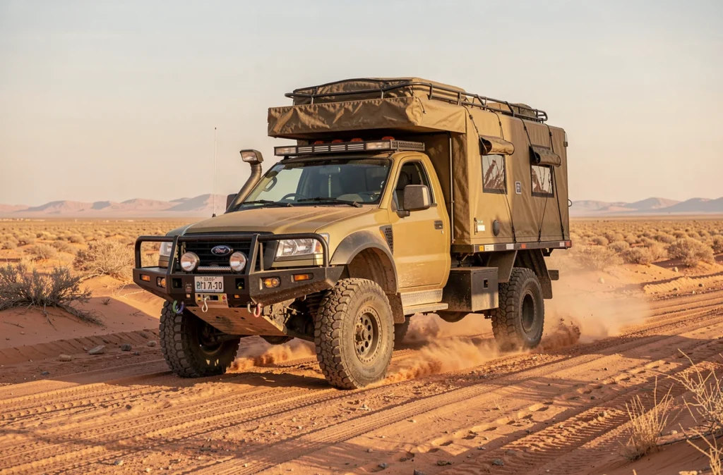 Unimog aménagé en camping-car d'expédition sur une piste