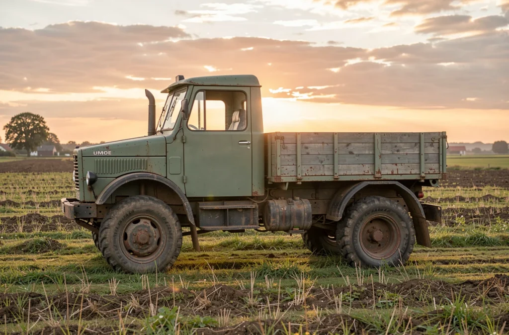 Unimog ancien garé dans un champ agricole